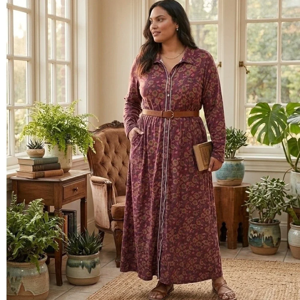 NWT Natural Life Floral Maxi Dress Women Large Burgundy Boho LHDRS002463